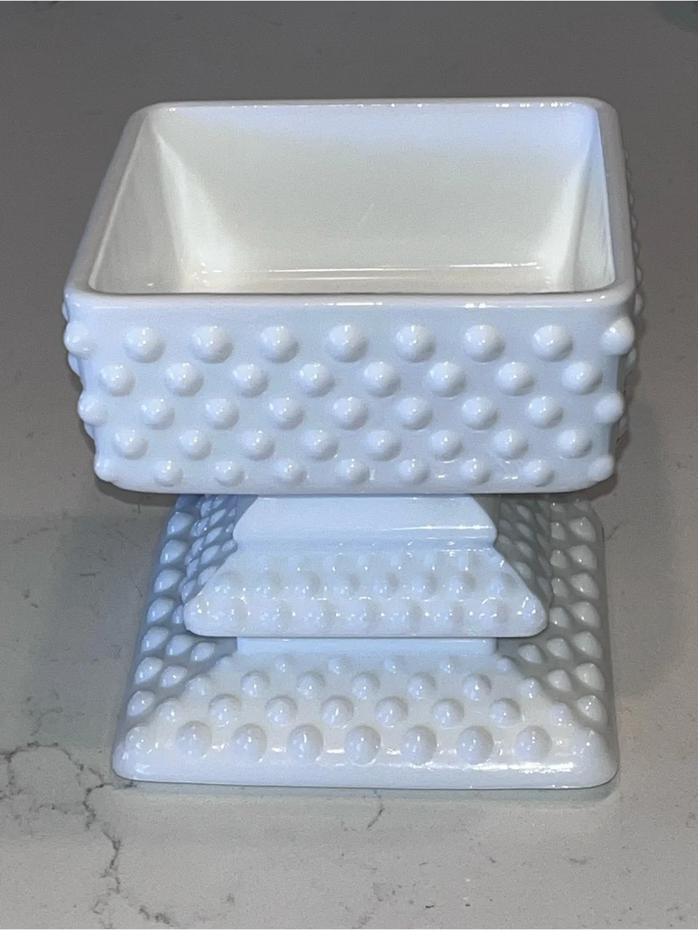 Vintage Fenton hobnail pedestal footed square candy dish wedding bowl milk glass